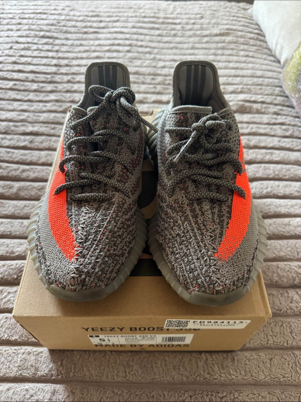 Yeezy Kids Gray Knit Sneakers with Bright Orange Stripe